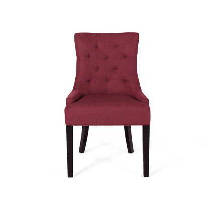Benjara Chen Dining Chair Set of 2, Curved Backrest, Red Diamond Tufted Fabric