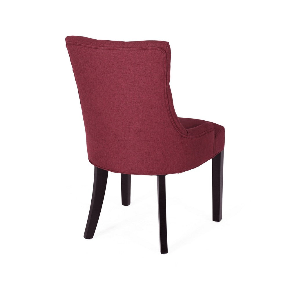 Benjara Chen Dining Chair Set of 2, Curved Backrest, Red Diamond Tufted Fabric