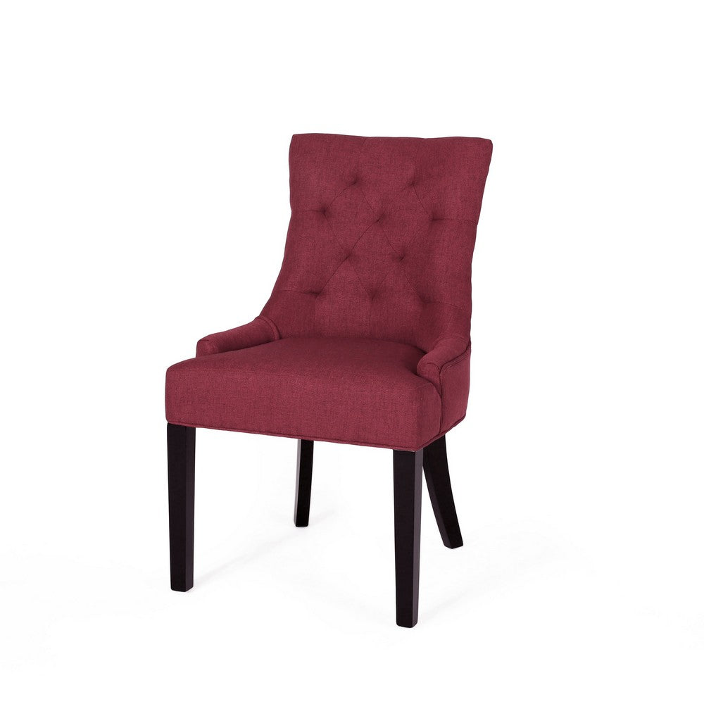 Benjara Chen Dining Chair Set of 2, Curved Backrest, Red Diamond Tufted Fabric