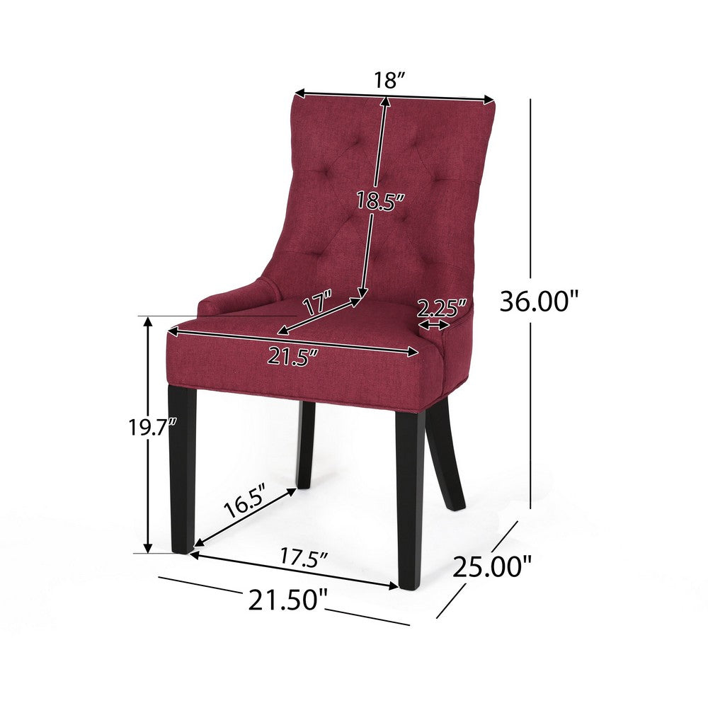 Benjara Chen Dining Chair Set of 2, Curved Backrest, Red Diamond Tufted Fabric