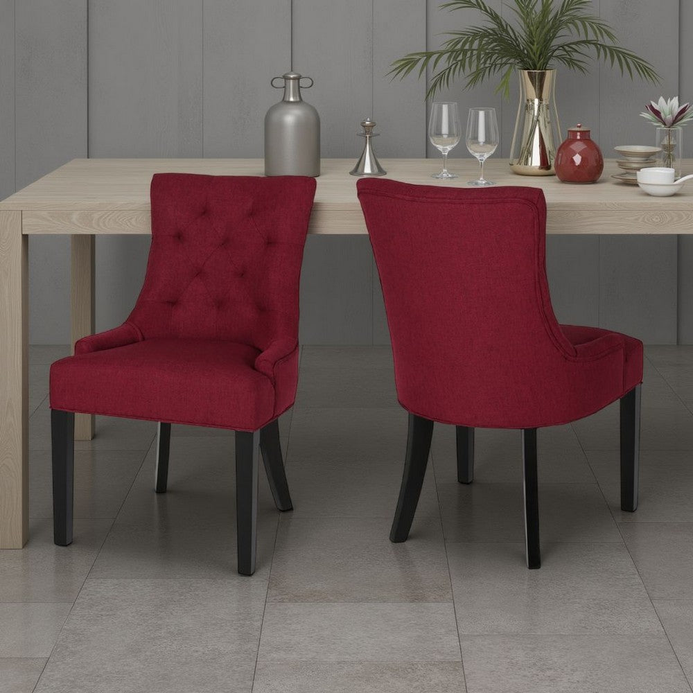 Benjara Chen Dining Chair Set of 2, Curved Backrest, Red Diamond Tufted Fabric