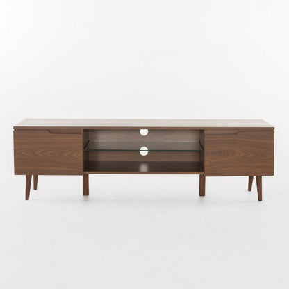 Benjara Gavin 59 Inch TV Stand Cabinet, Low Height w Glass Shelf, Brown Wood