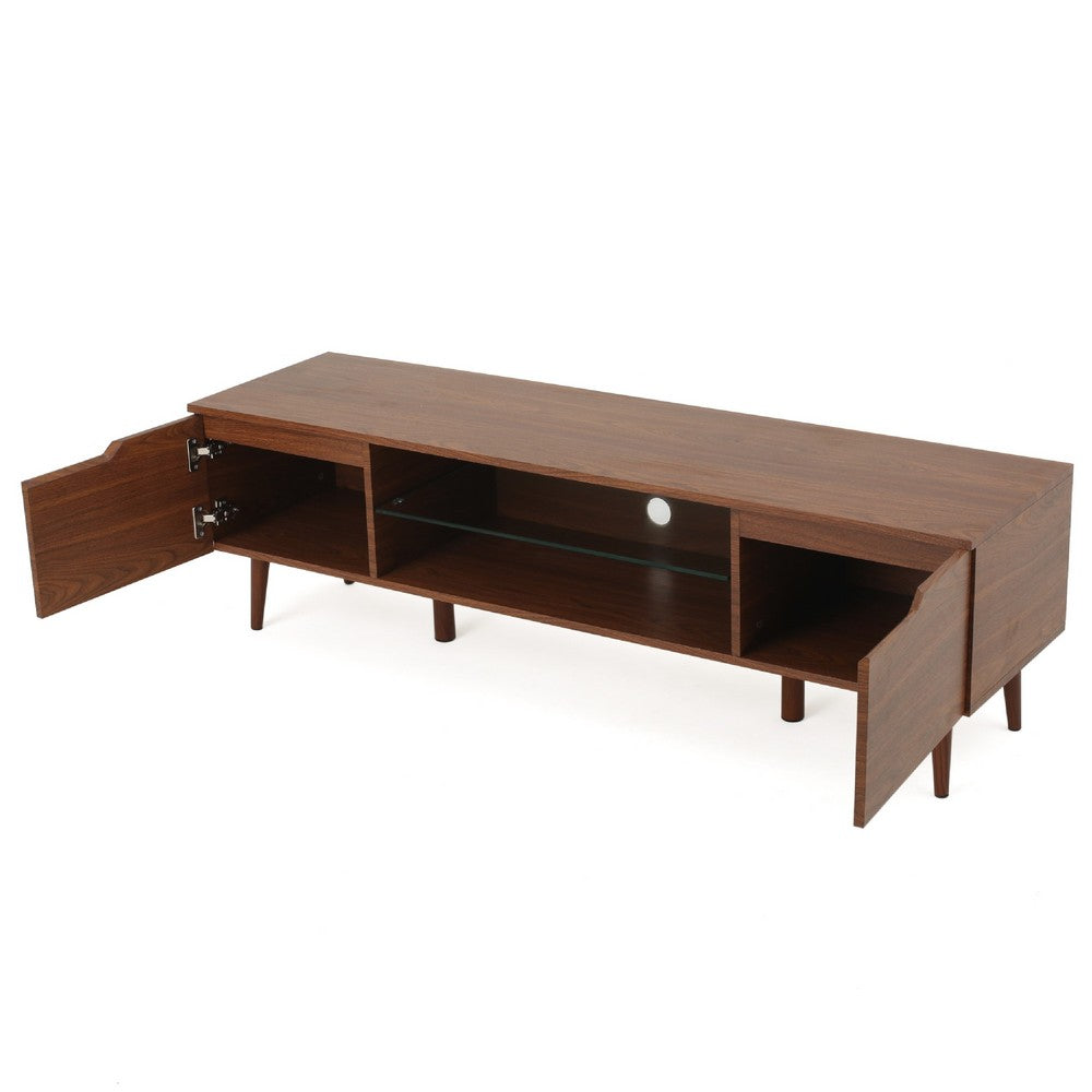Benjara Gavin 59 Inch TV Stand Cabinet, Low Height w Glass Shelf, Brown Wood