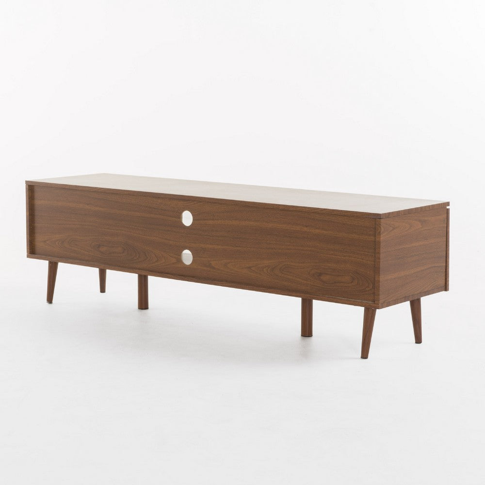 Benjara Gavin 59 Inch TV Stand Cabinet, Low Height w Glass Shelf, Brown Wood