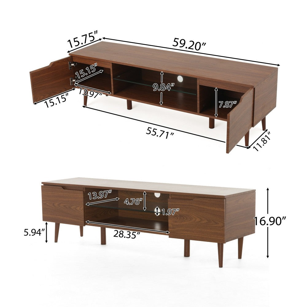 Benjara Gavin 59 Inch TV Stand Cabinet, Low Height w Glass Shelf, Brown Wood