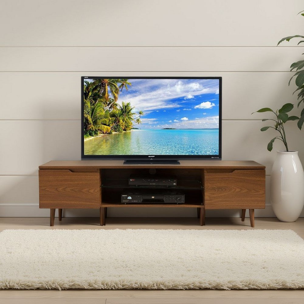 Benjara Gavin 59 Inch TV Stand Cabinet, Low Height w Glass Shelf, Brown Wood