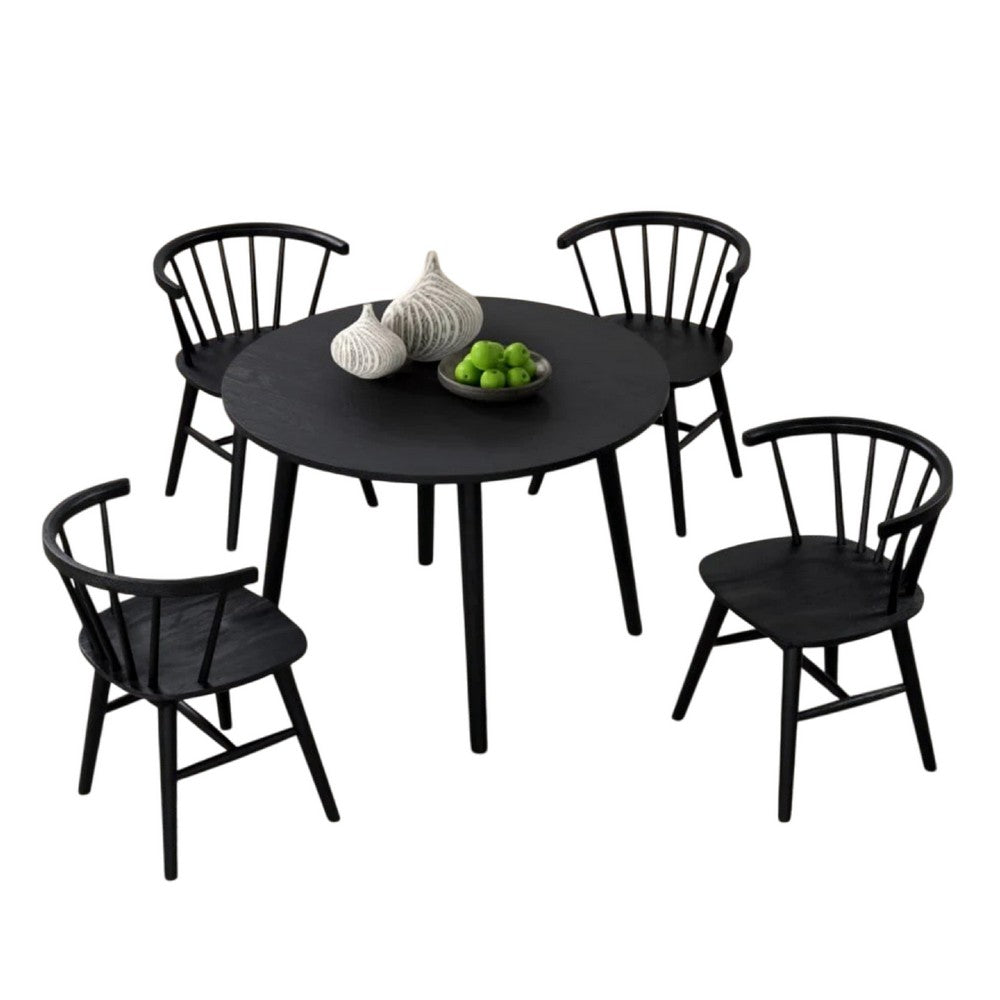 Benjara Yely 5pc Dining Table with 4 Windsor Chairs Set, Black Rubberwood