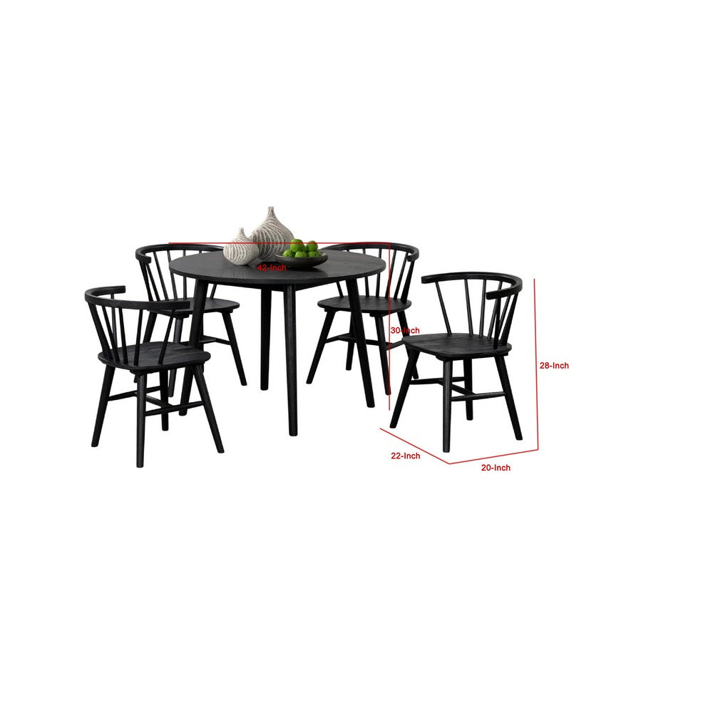 Benjara Yely 5pc Dining Table with 4 Windsor Chairs Set, Black Rubberwood
