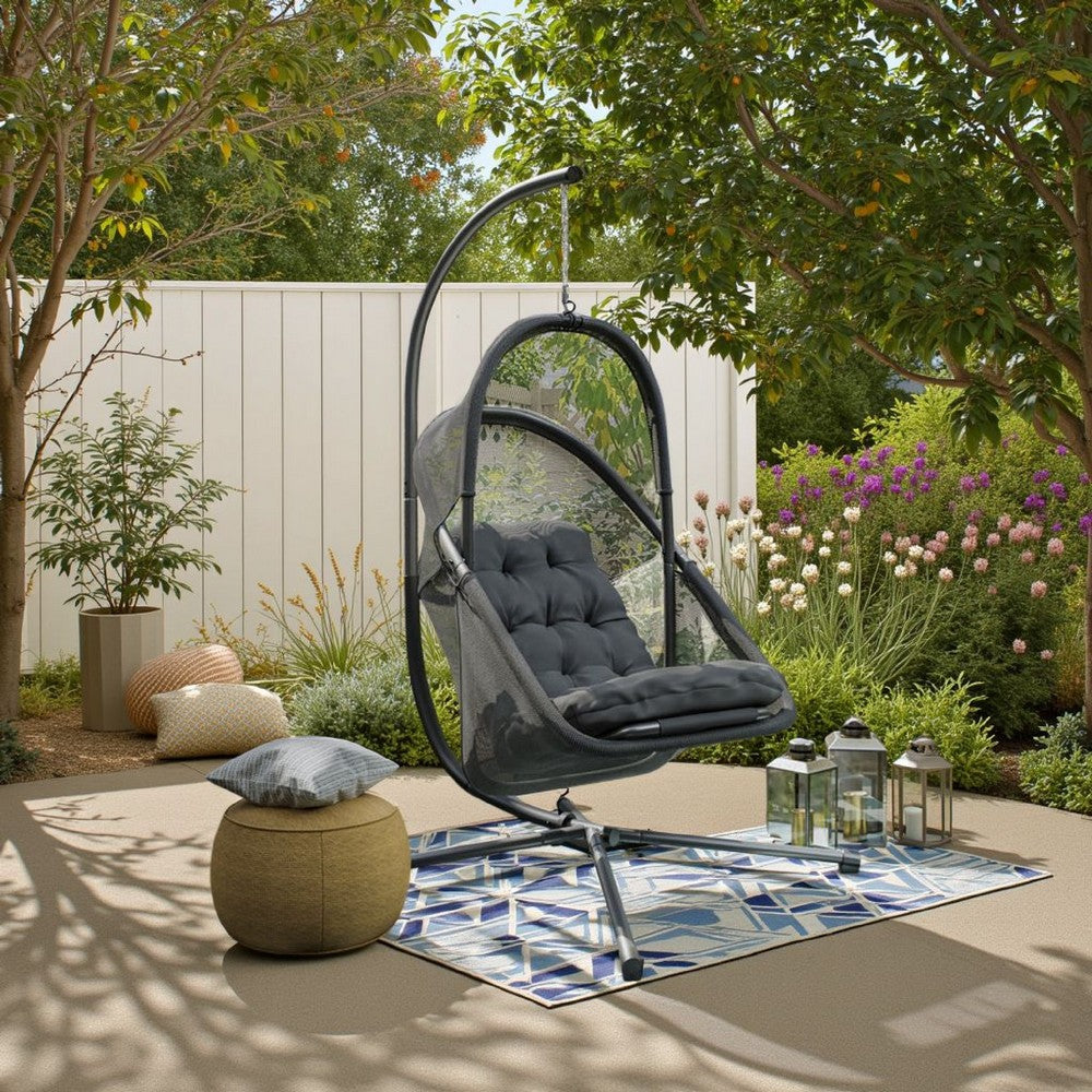 Benjara Bery Outdoor Swing Chair with Foldable Stand, Dark Gray Cushion