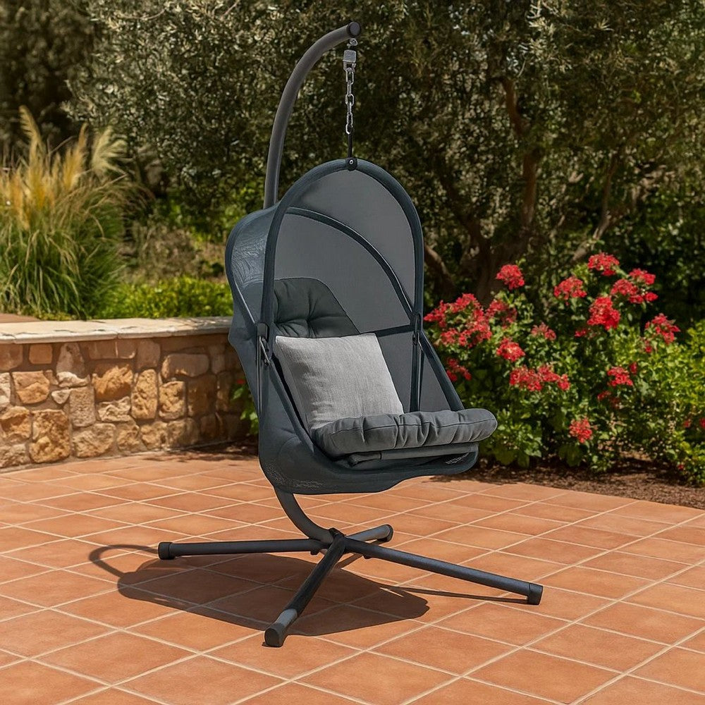 Benjara Bery Outdoor Swing Chair with Foldable Stand, Dark Gray Cushion
