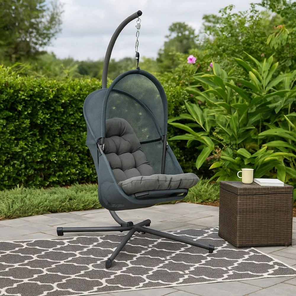 Benjara Bery Outdoor Swing Chair with Foldable Stand, Dark Gray Cushion