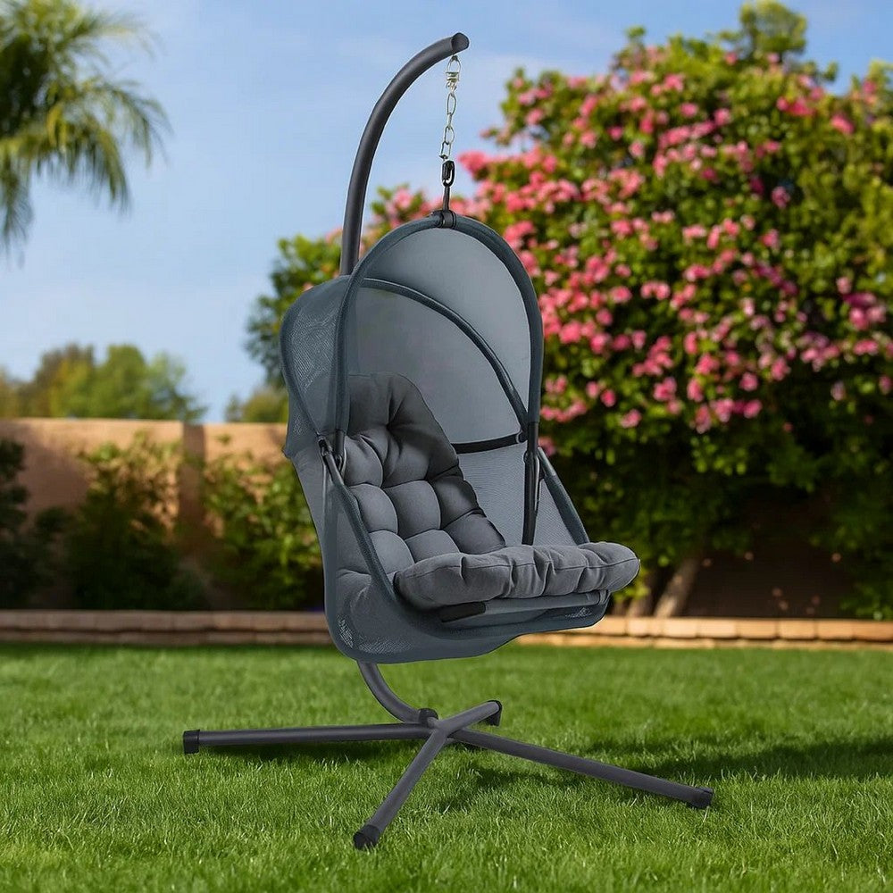 Benjara Bery Outdoor Swing Chair with Foldable Stand, Dark Gray Cushion