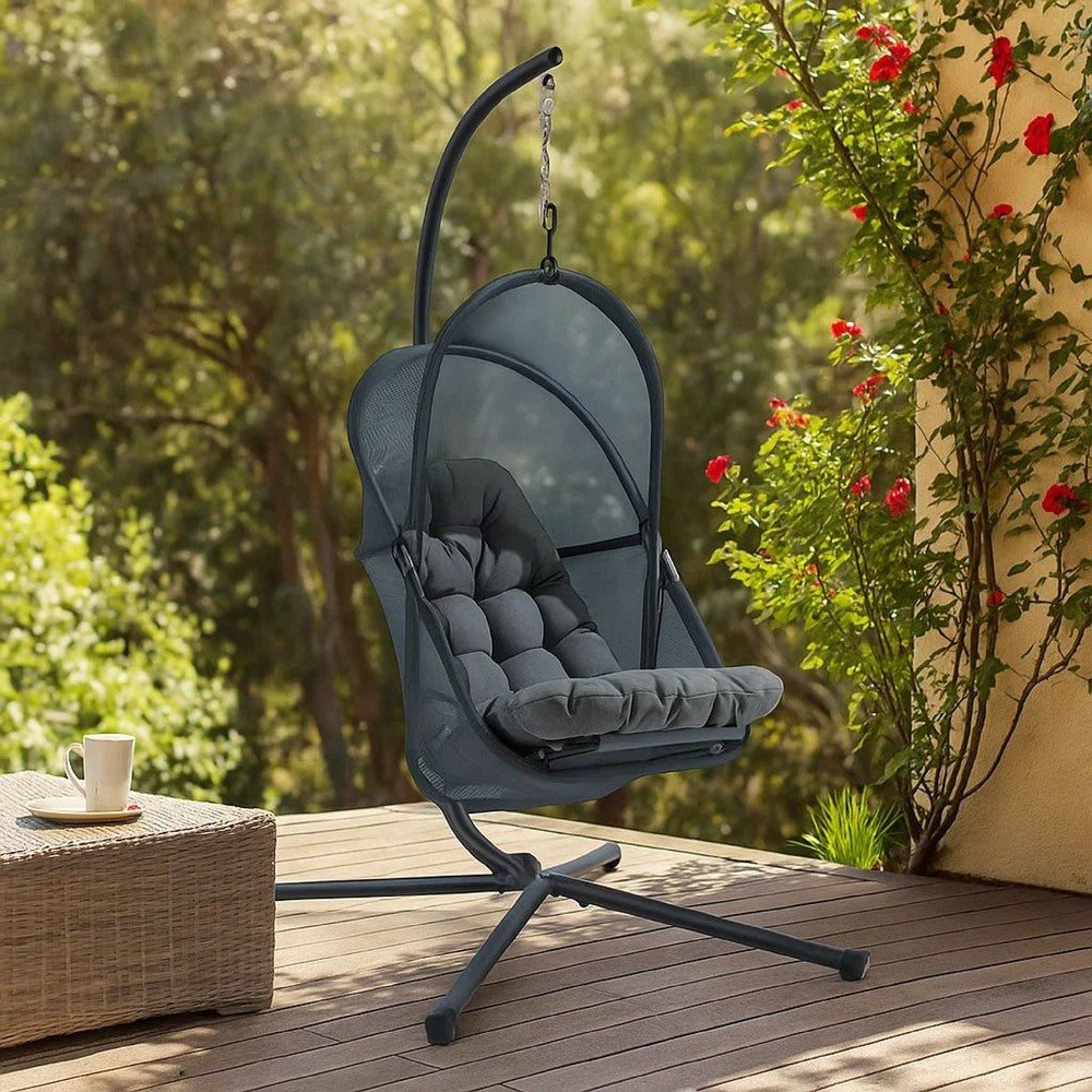 Benjara Bery Outdoor Swing Chair with Foldable Stand, Dark Gray Cushion