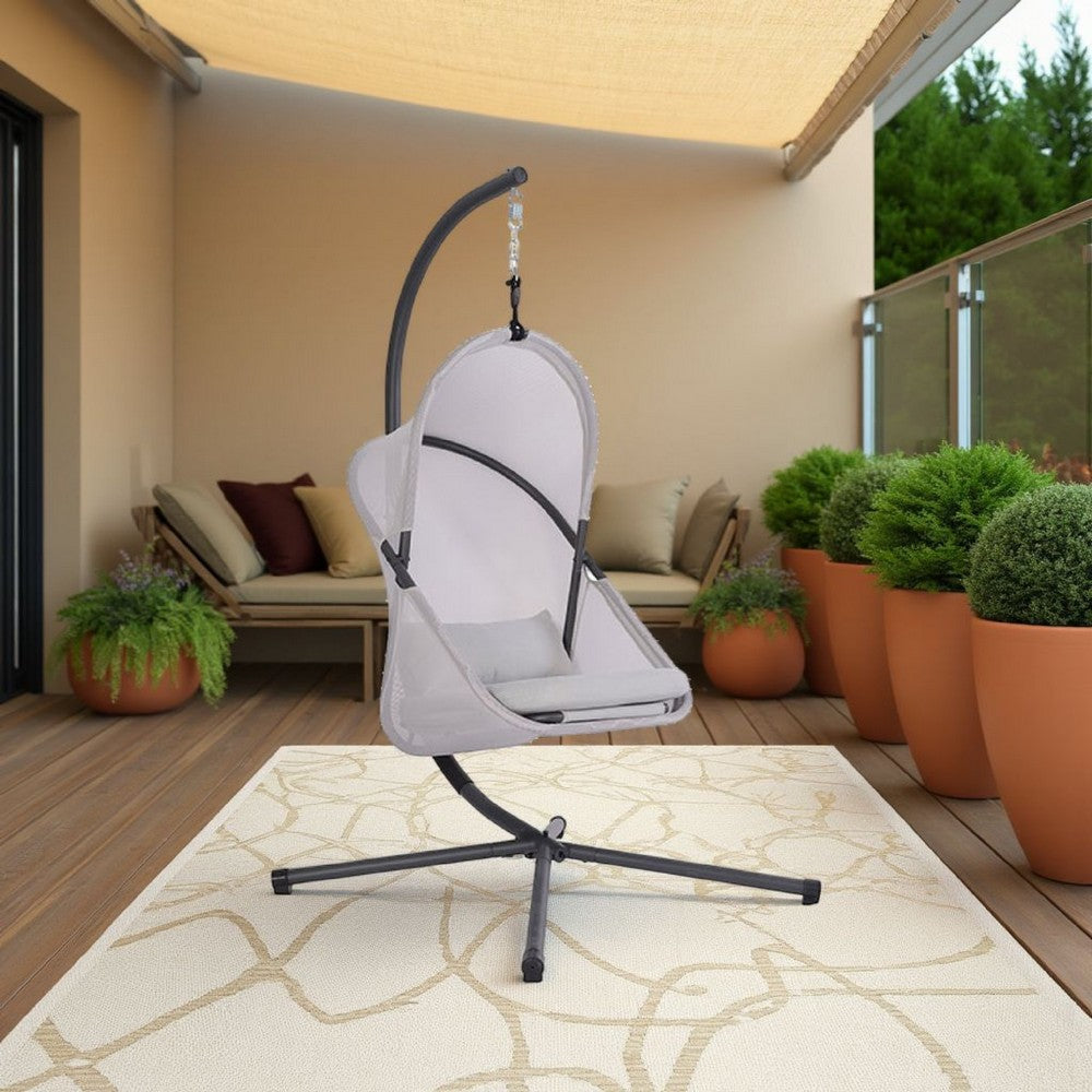 Benjara Cery Outdoor Egg Swing Chair, Foldable Stand, Light Gray Cushion