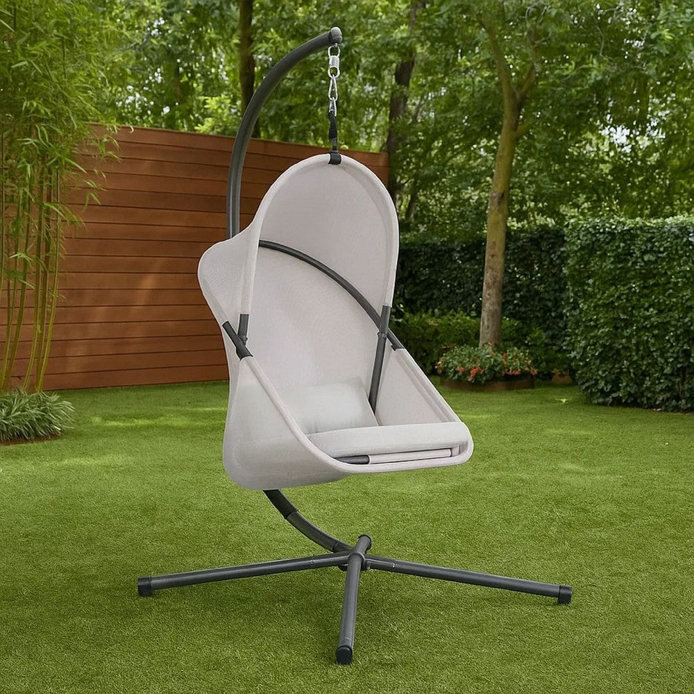 Benjara Cery Outdoor Egg Swing Chair, Foldable Stand, Light Gray Cushion