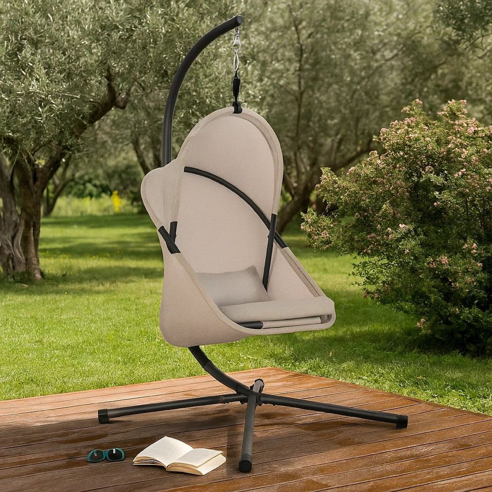 Benjara Cery Outdoor Egg Swing Chair, Foldable Stand, Light Gray Cushion