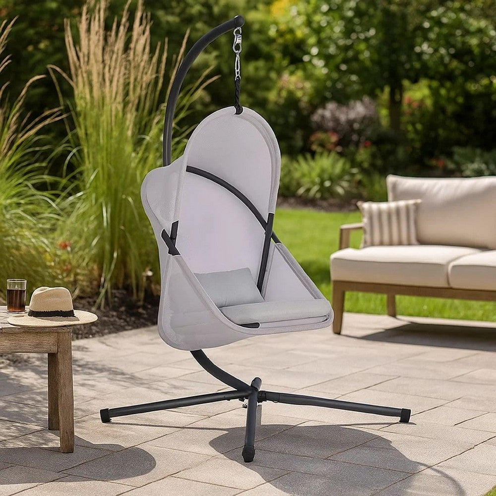 Benjara Cery Outdoor Egg Swing Chair, Foldable Stand, Light Gray Cushion