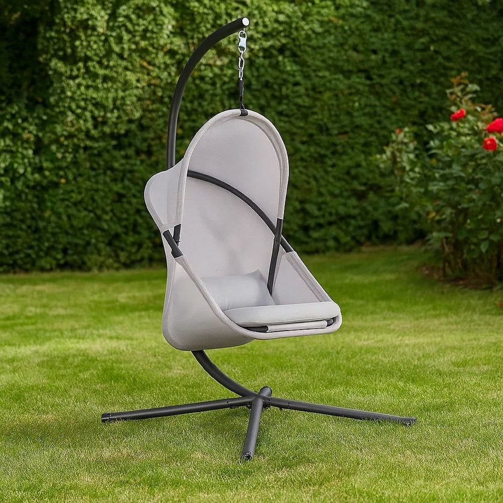 Benjara Cery Outdoor Egg Swing Chair, Foldable Stand, Light Gray Cushion