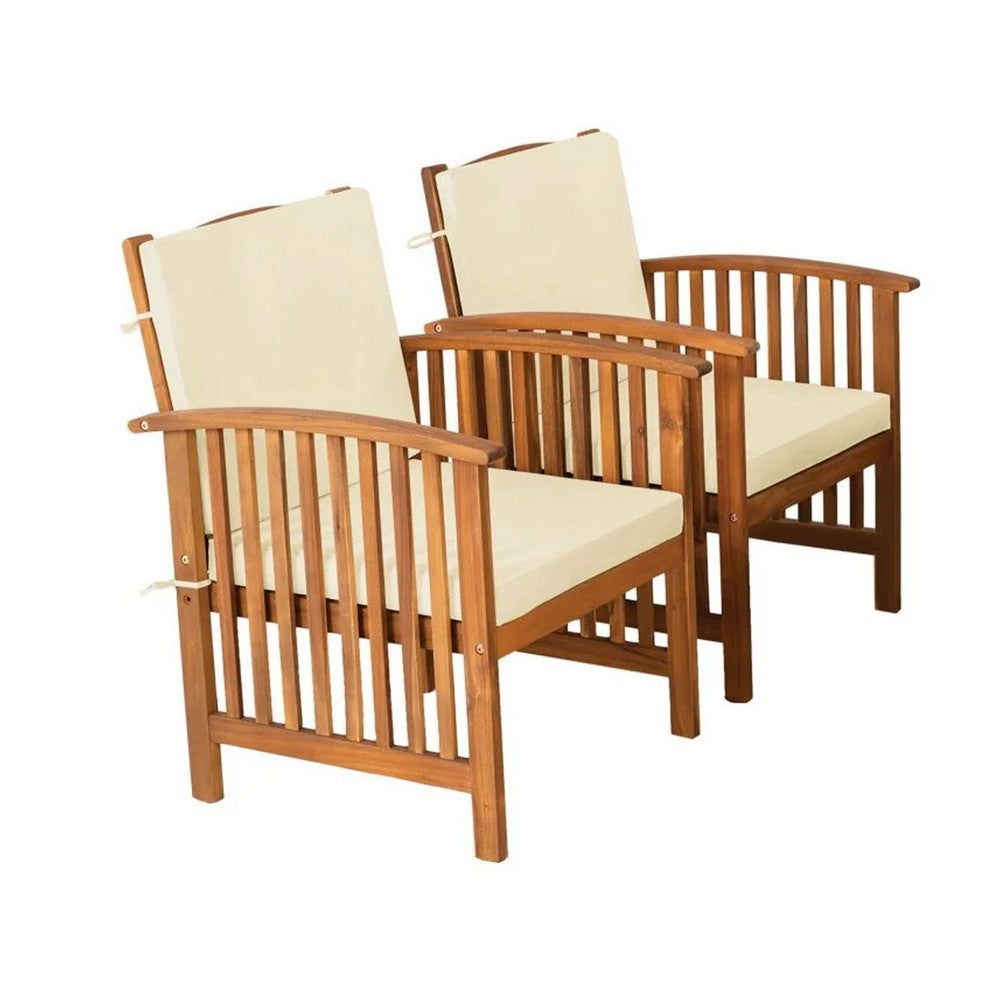 Benjara Kaila 4pc Patio Sofa, Chair And Coffee Table Set, Beige Cushions, Brown Wood