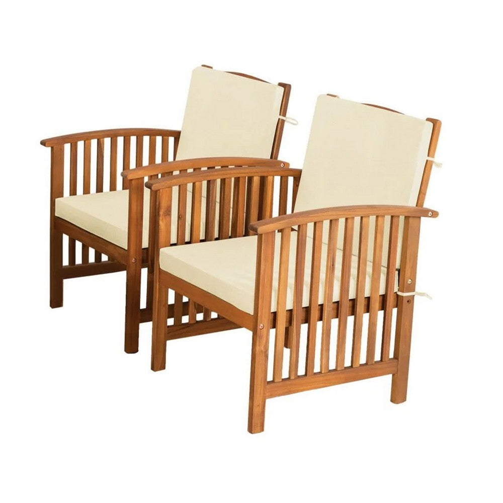 Benjara Kaila 4pc Patio Sofa, Chair And Coffee Table Set, Beige Cushions, Brown Wood