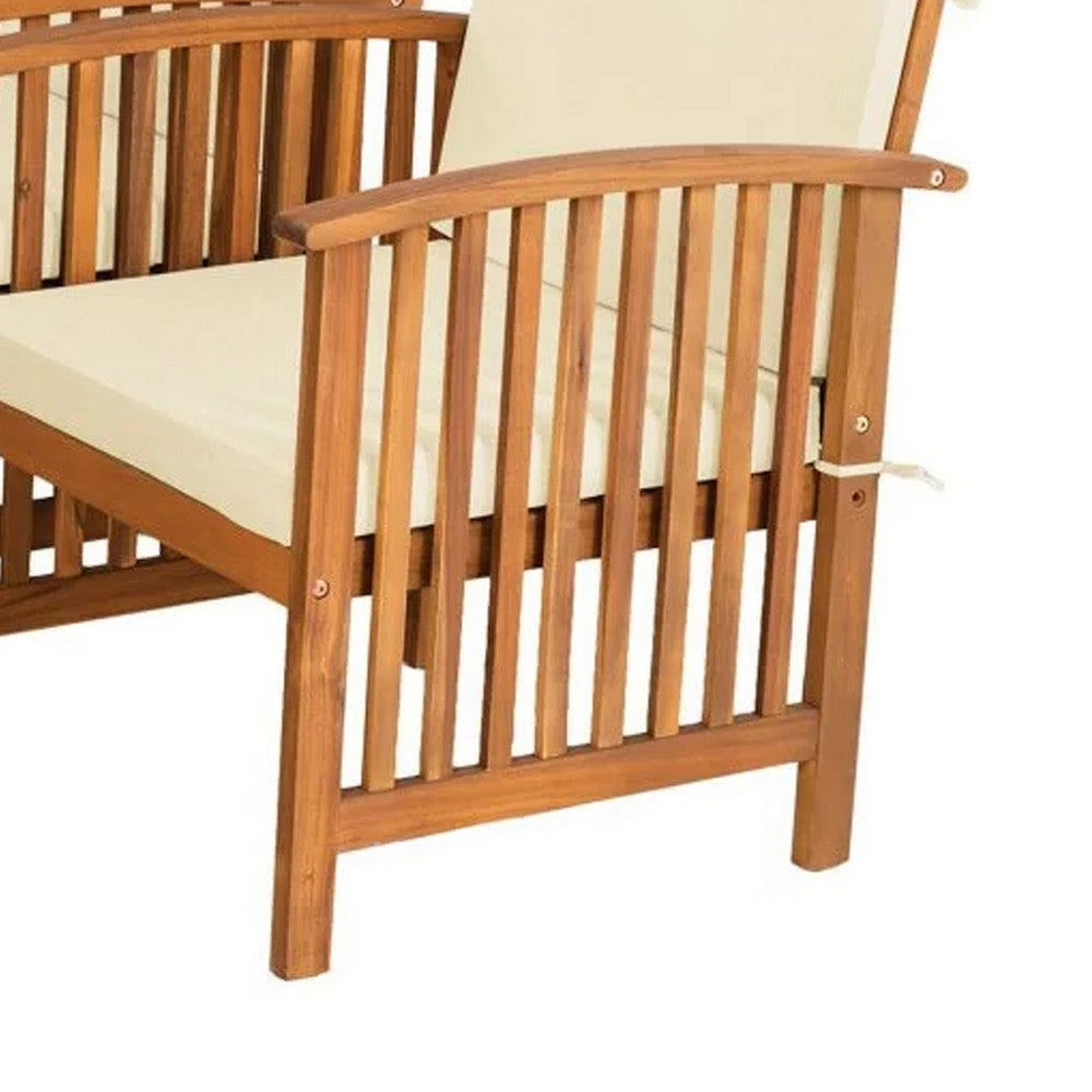 Benjara Kaila 4pc Patio Sofa, Chair And Coffee Table Set, Beige Cushions, Brown Wood