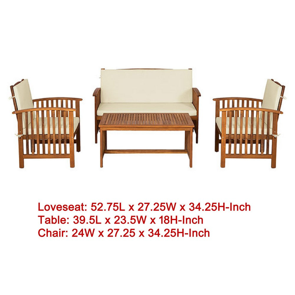 Benjara Kaila 4pc Patio Sofa, Chair And Coffee Table Set, Beige Cushions, Brown Wood
