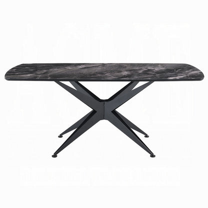 Benjara Laus Dining Table, 71 Inch Crystal Glass Top, Black Geometric Base