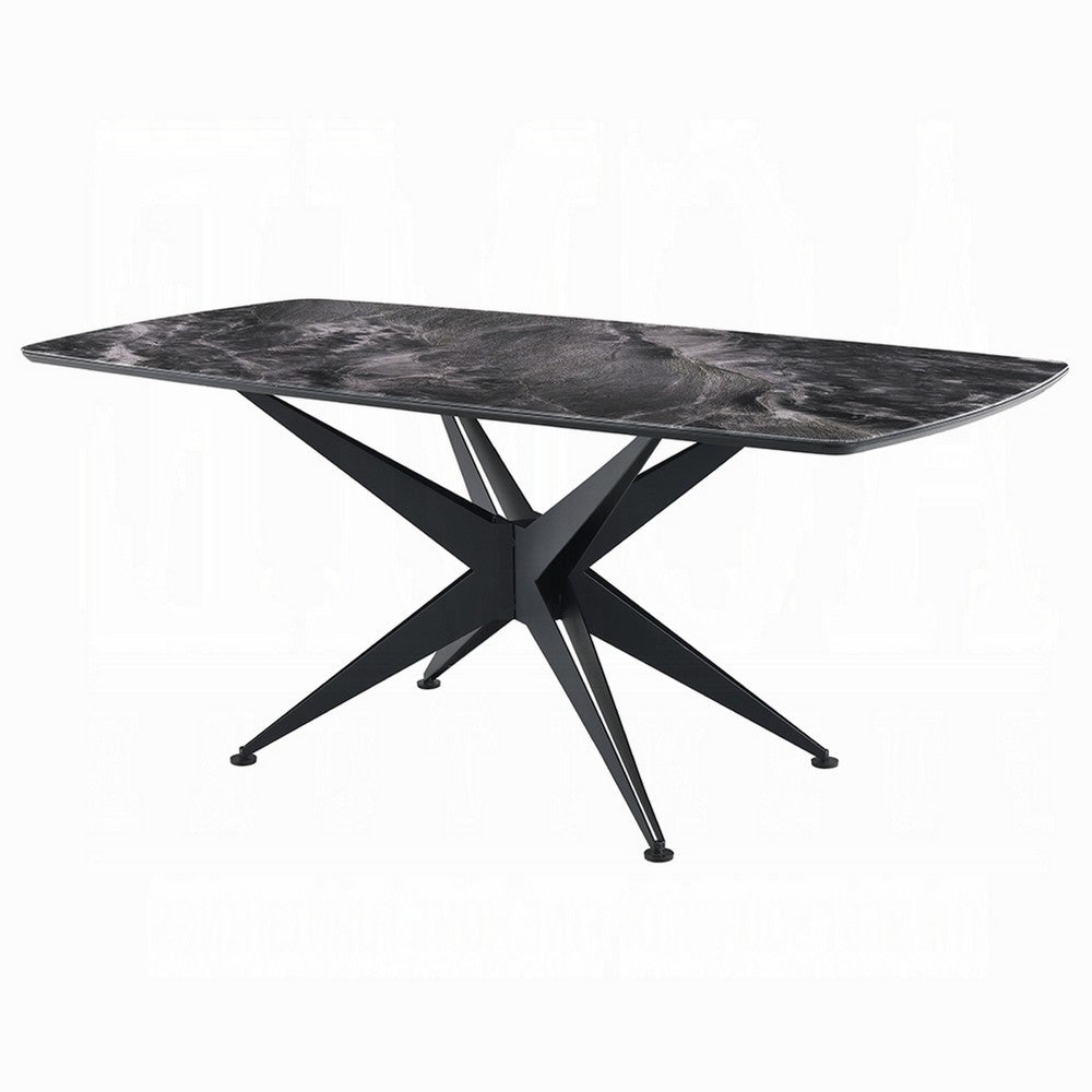 Benjara Laus Dining Table, 71 Inch Crystal Glass Top, Black Geometric Base