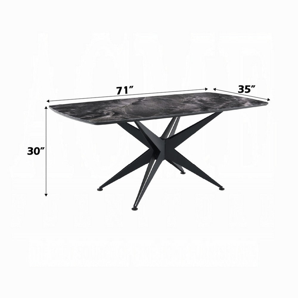Benjara Laus Dining Table, 71 Inch Crystal Glass Top, Black Geometric Base