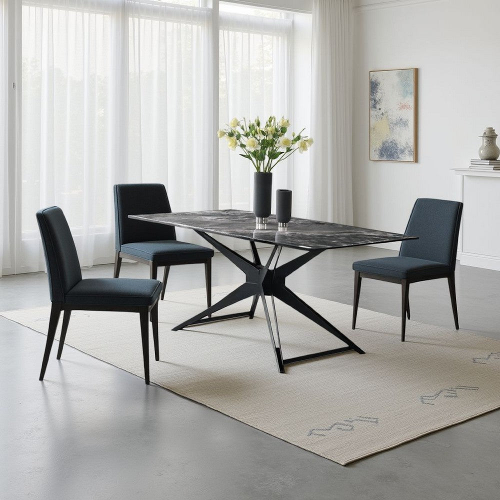 Benjara Laus Dining Table, 71 Inch Crystal Glass Top, Black Geometric Base