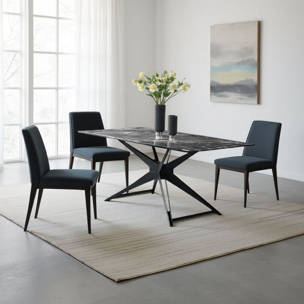 Benjara Laus Dining Table, 71 Inch Crystal Glass Top, Black Geometric Base