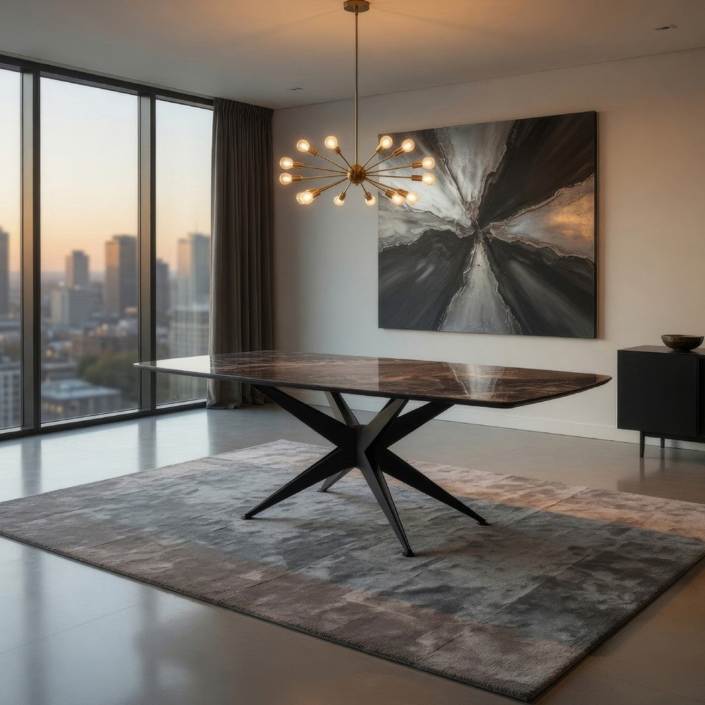 Benjara Laus Dining Table, 71 Inch Crystal Glass Top, Black Geometric Base