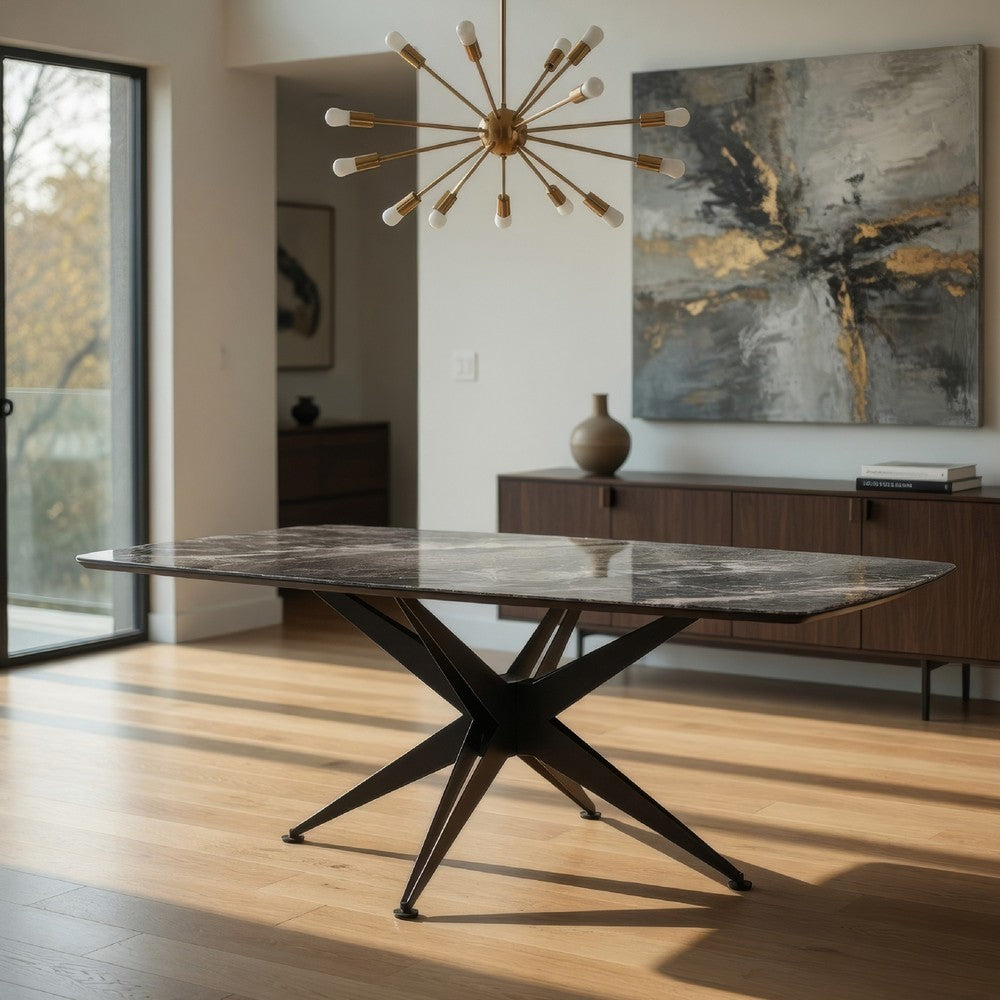 Benjara Laus Dining Table, 71 Inch Crystal Glass Top, Black Geometric Base