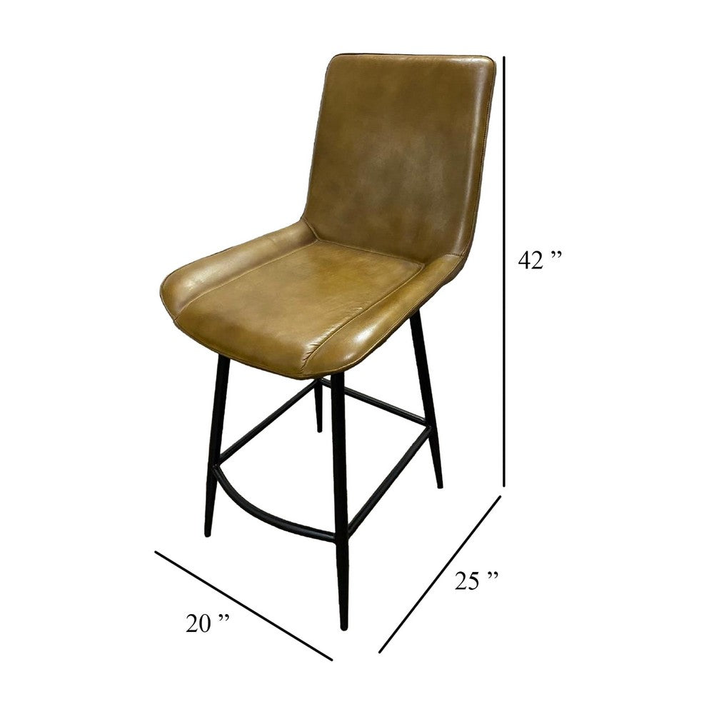 Benjara Isha Counter Stool Chair Set of 2, Brown Faux Leather, Black Iron