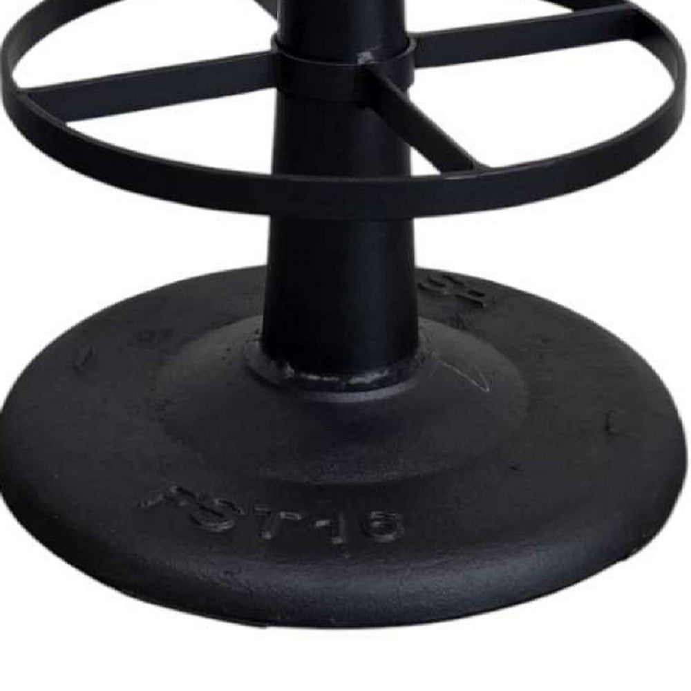 Benjara Gevy Counter Height Stool, Round Black Leather Seat with Iron Base