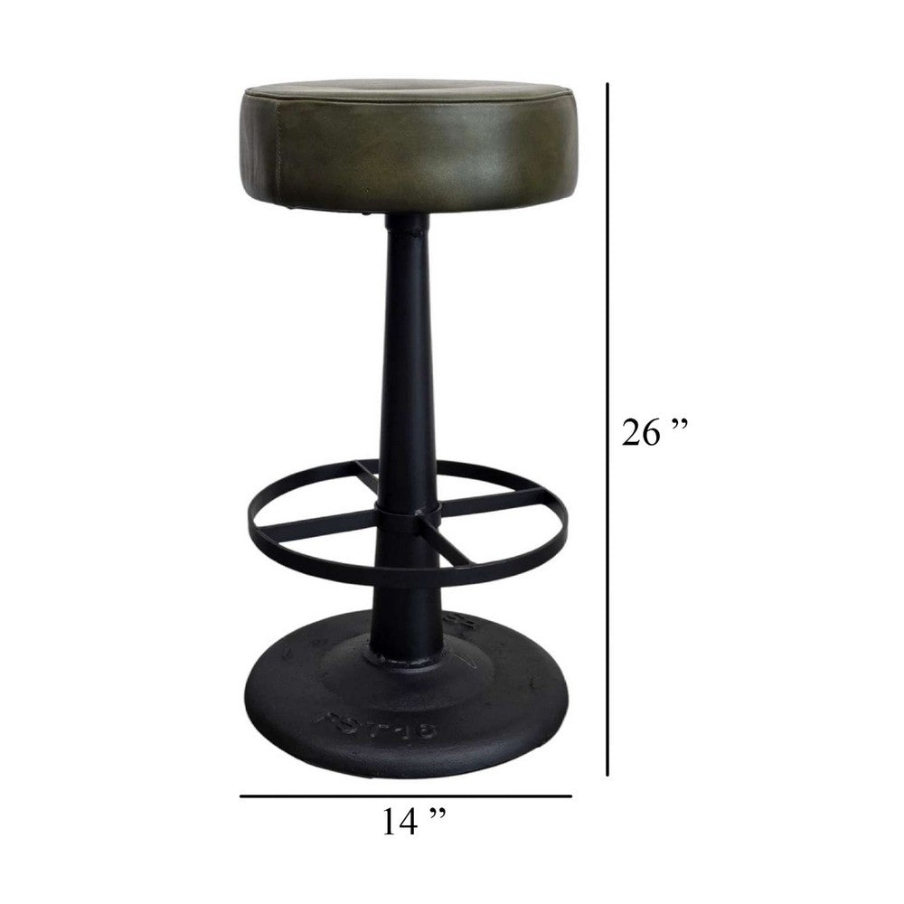 Benjara Gevy Counter Height Stool, Round Black Leather Seat with Iron Base