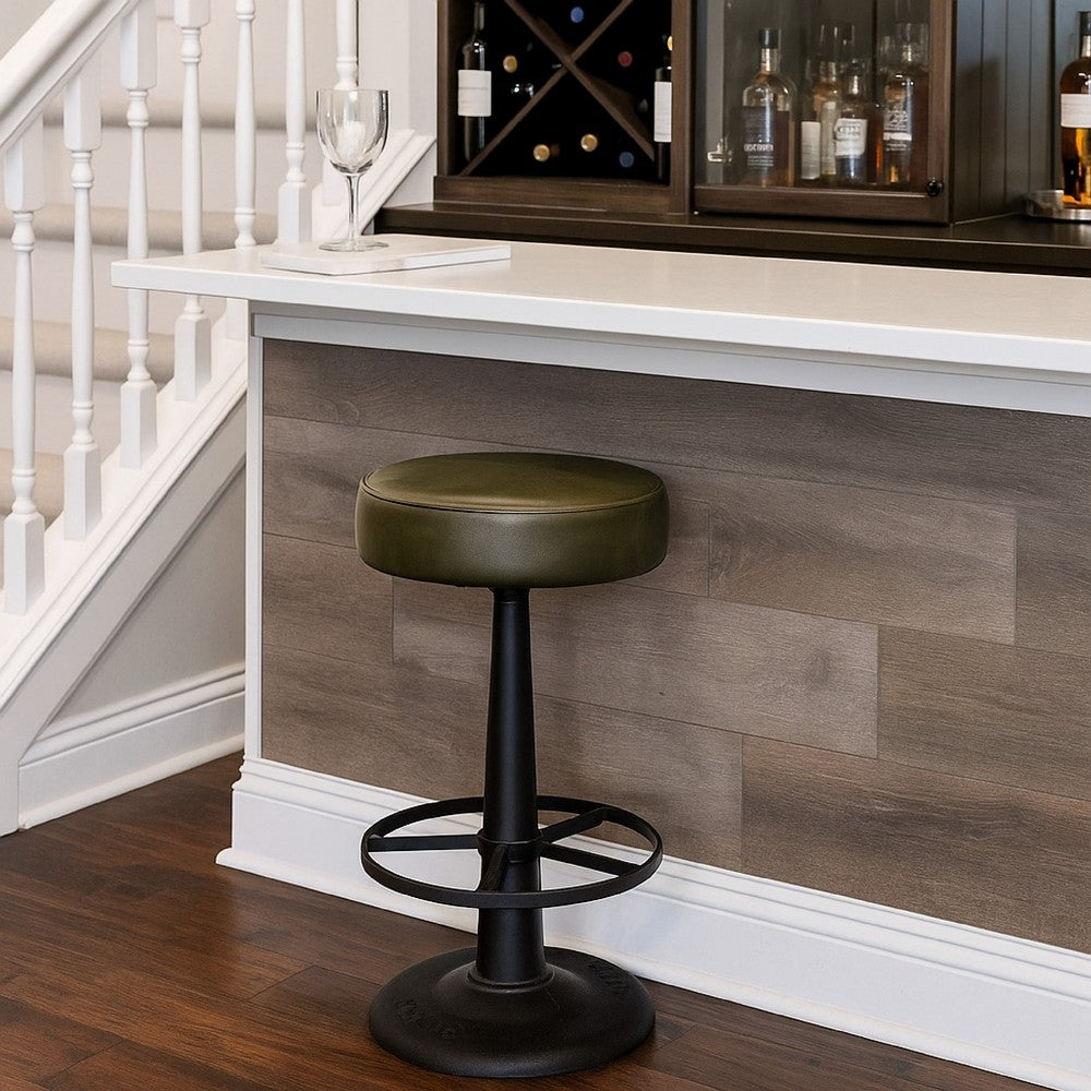Benjara Gevy Counter Height Stool, Round Black Leather Seat with Iron Base