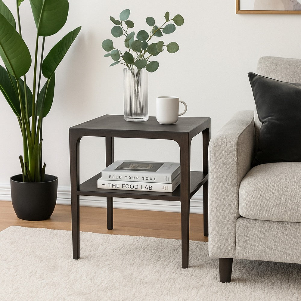 Benjara Geni Corner Table, 22 Inch Square Top w Shelf, Parsons Style Java Gray