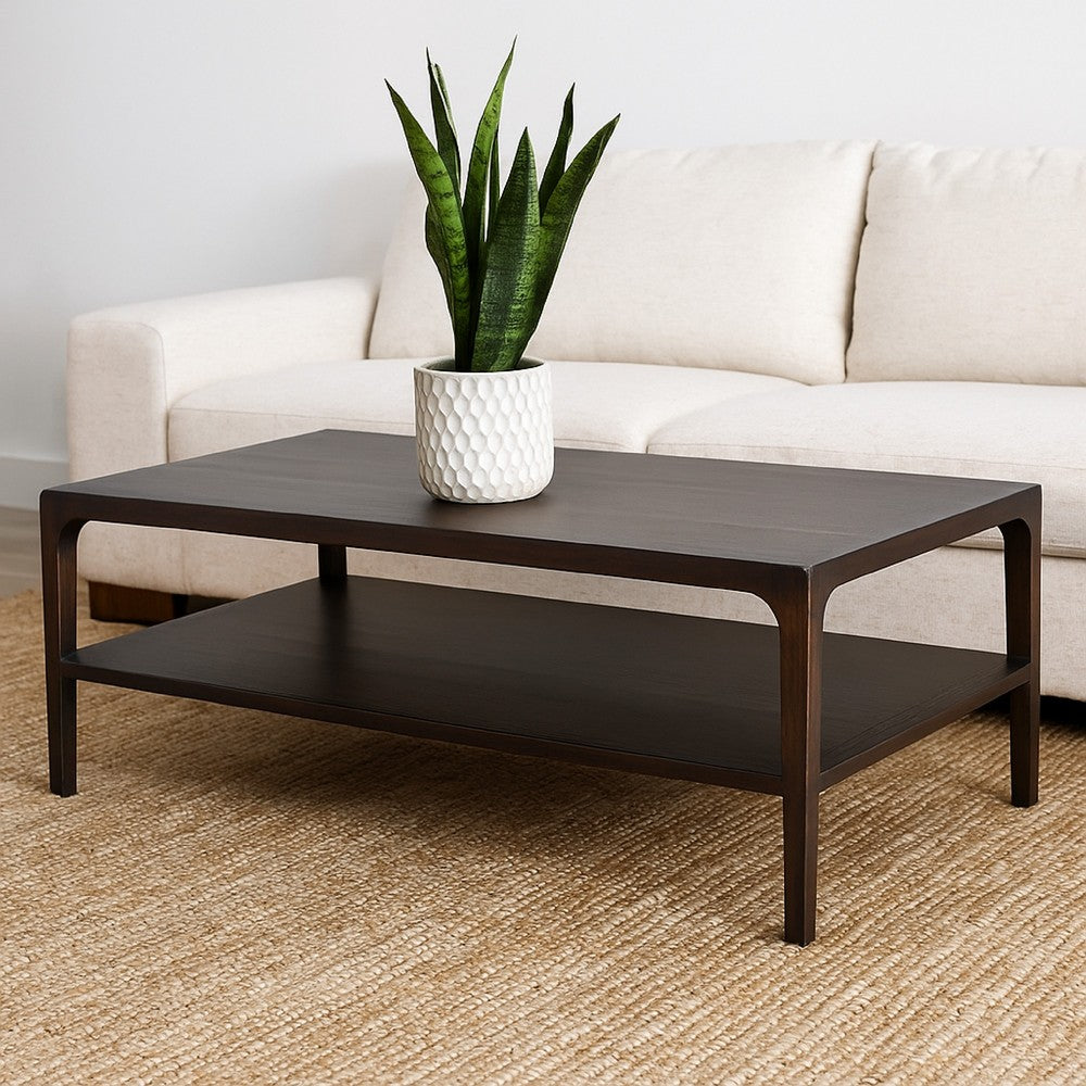 Benjara Geni Coffee Table, 48 Inch Rectangular Top w Shelf, Parsons Style Gray