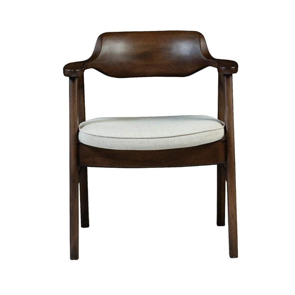 Benjara Zsy Dining Armchair, Sand White, Java Brown Birch Wood, Curved Back