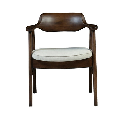 Benjara Zsy Dining Armchair, Sand White, Java Brown Birch Wood, Curved Back