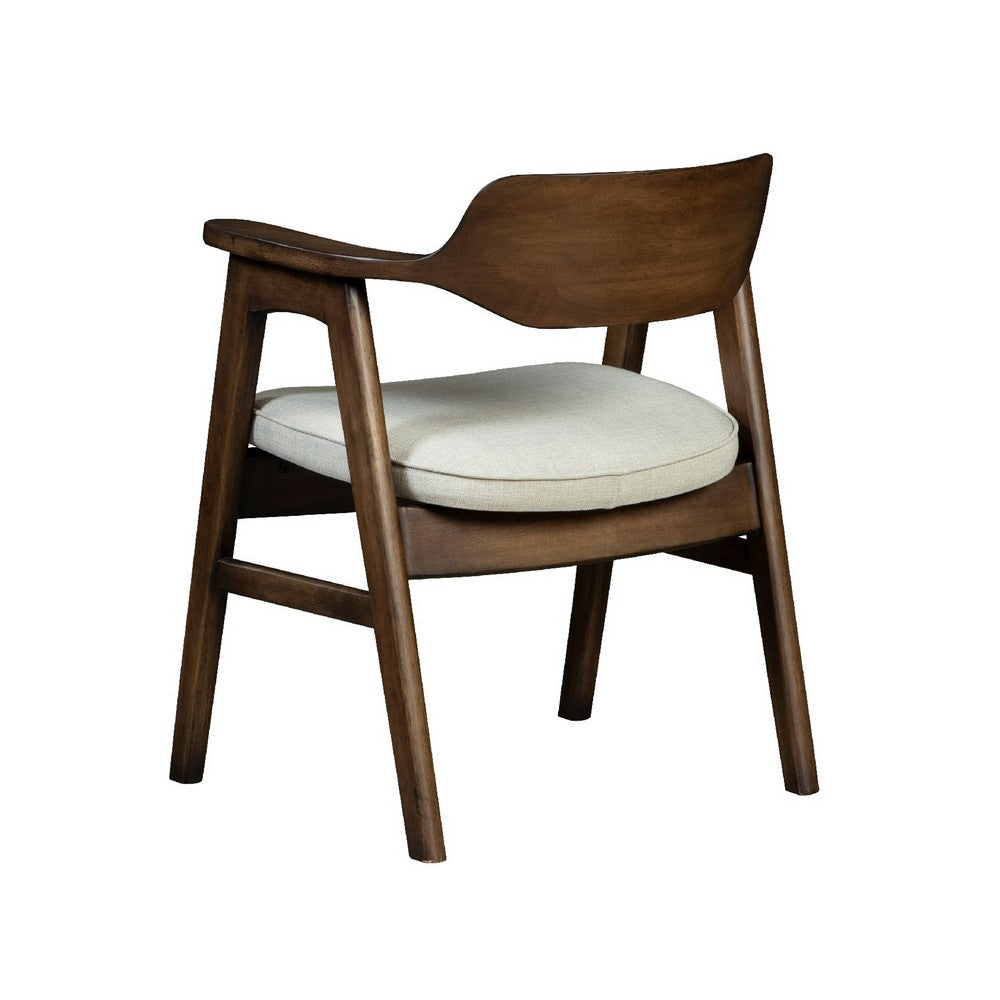 Benjara Zsy Dining Armchair, Sand White, Java Brown Birch Wood, Curved Back