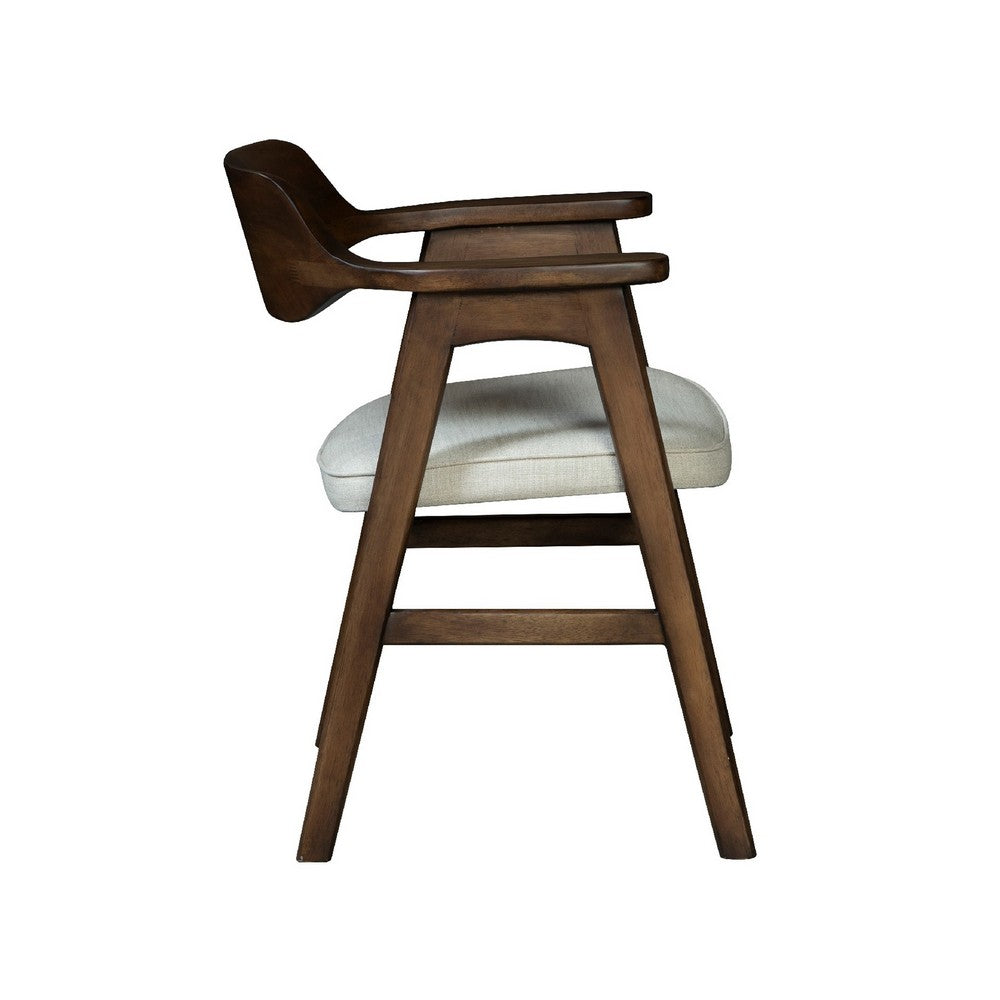 Benjara Zsy Dining Armchair, Sand White, Java Brown Birch Wood, Curved Back