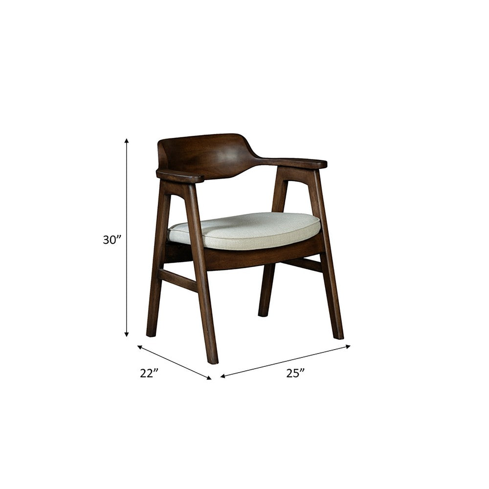 Benjara Zsy Dining Armchair, Sand White, Java Brown Birch Wood, Curved Back