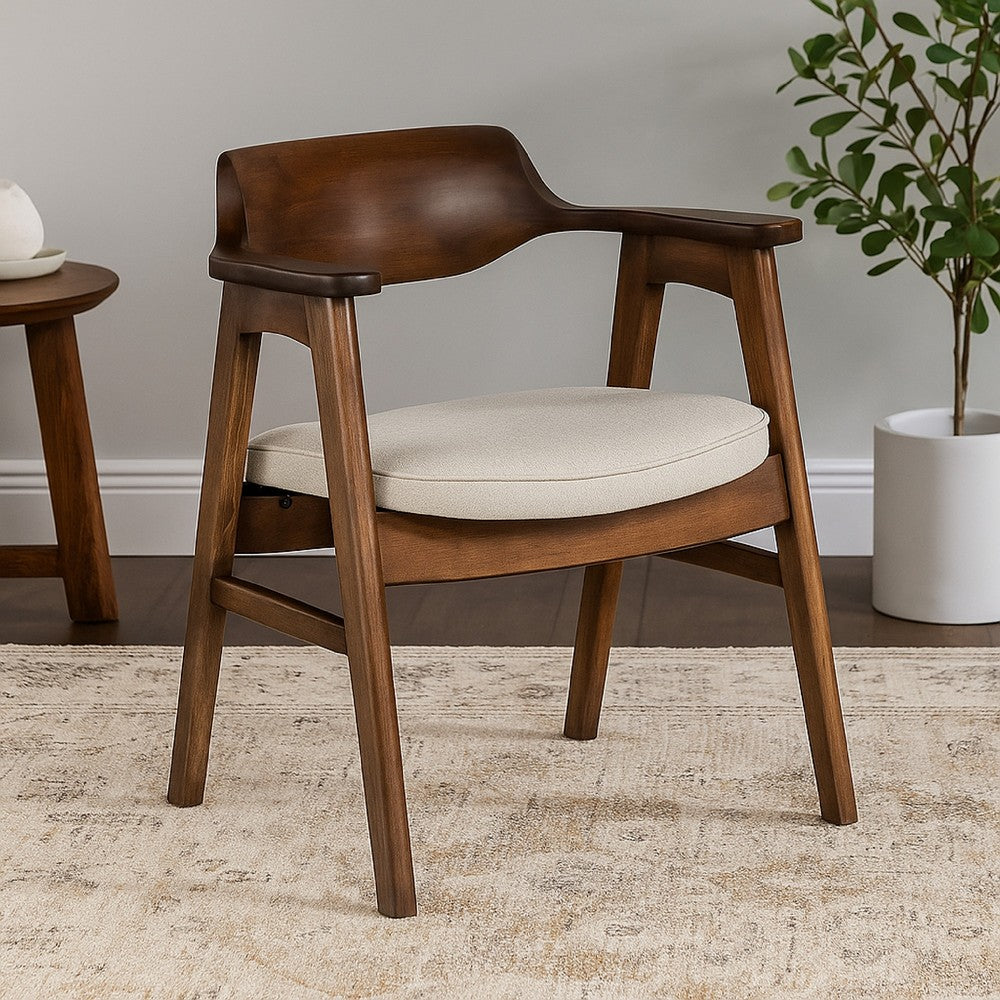 Benjara Zsy Dining Armchair, Sand White, Java Brown Birch Wood, Curved Back