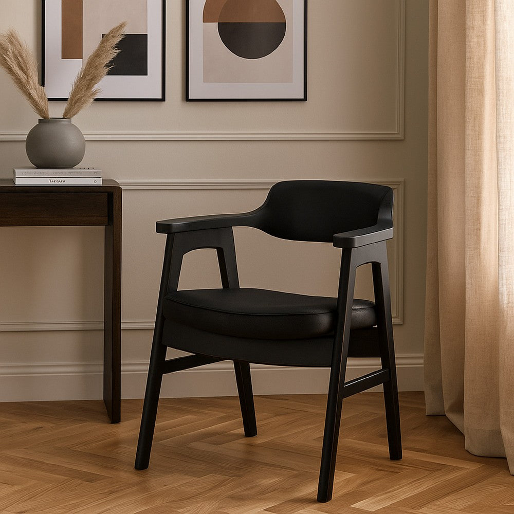 Benjara Zsy Dining Armchair w Curved Back, Black Birch Wood And Faux Leather