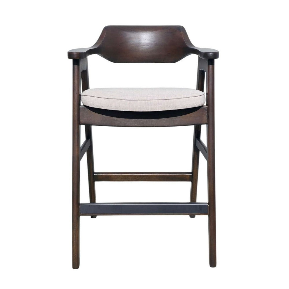 Benjara Zsy Barstool Chair w Curved Back, Java Brown Birch Wood, Sand White
