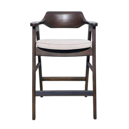 Benjara Zsy Barstool Chair w Curved Back, Java Brown Birch Wood, Sand White