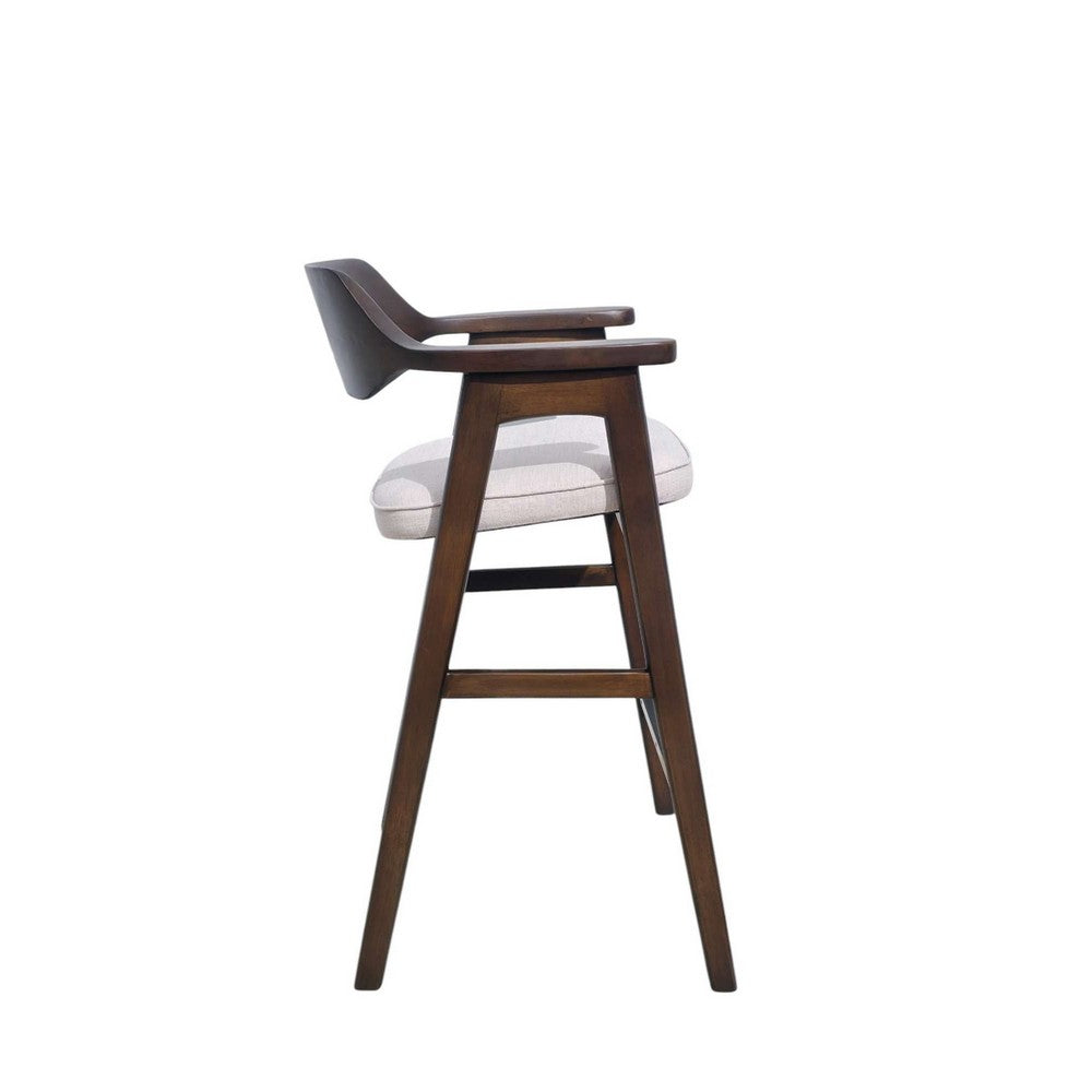 Benjara Zsy Barstool Chair w Curved Back, Java Brown Birch Wood, Sand White