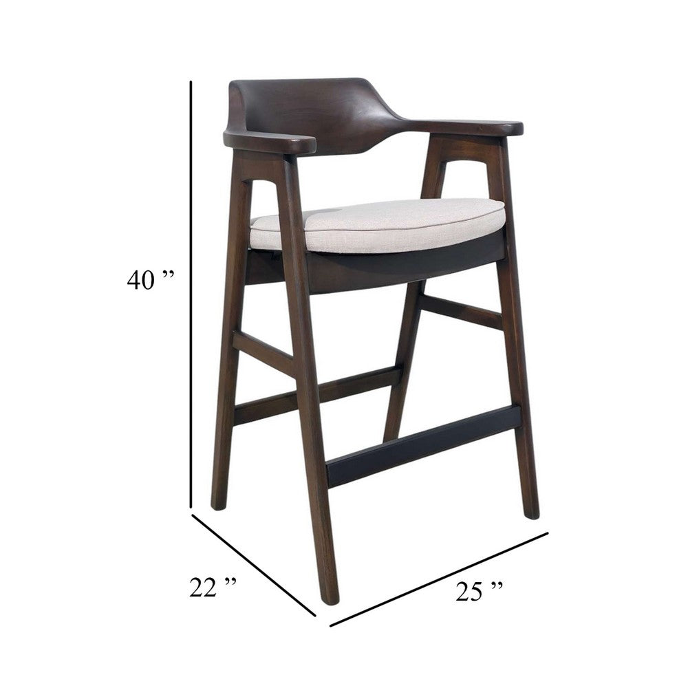 Benjara Zsy Barstool Chair w Curved Back, Java Brown Birch Wood, Sand White